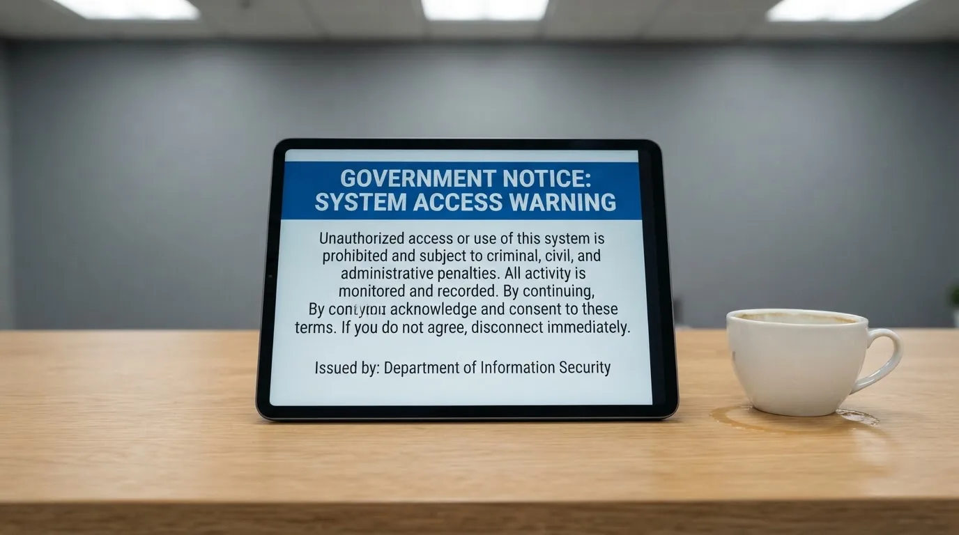 A tablet on a desk displays a plain government-style warning notice page, with a coffee cup beside it.