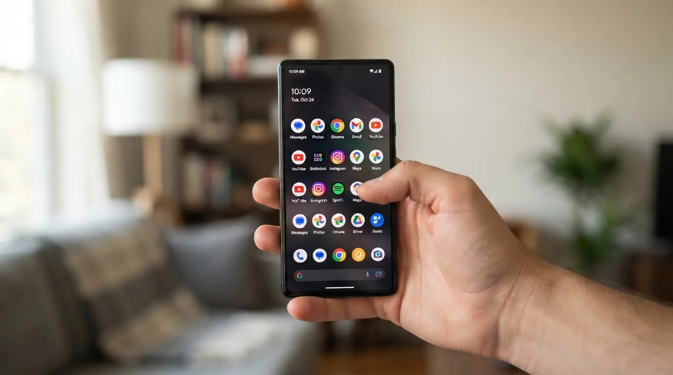 A hand holds a smartphone with an app icon grid visible on the home screen, thumb hovering over the display.